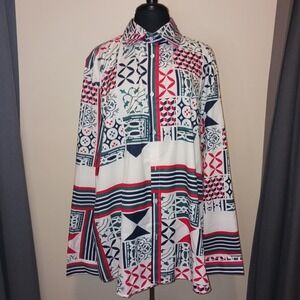 OrderPlus 3XL Long Sleeve Button Down Shirt Blouse Tunic Top Patchwork Geo Print